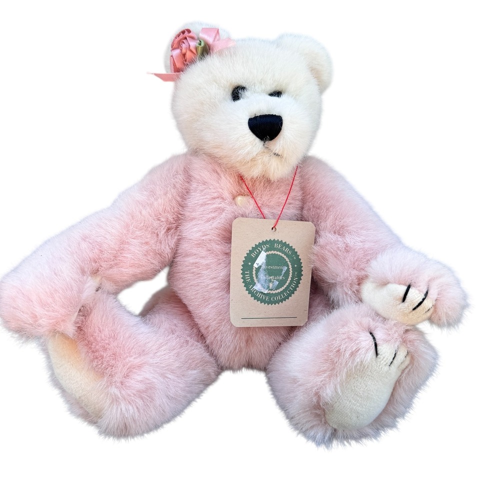 Boyds Bears Archive Collection Guinevere Pink Teddy Bear Rose Headband Tags VTG